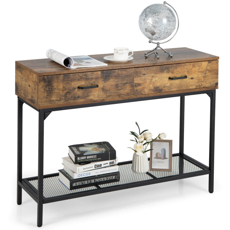 2 Drawers Industrial Console Table with Steel Frame for Small Space-Rustic BrownCostway Gallery View 8 of 10