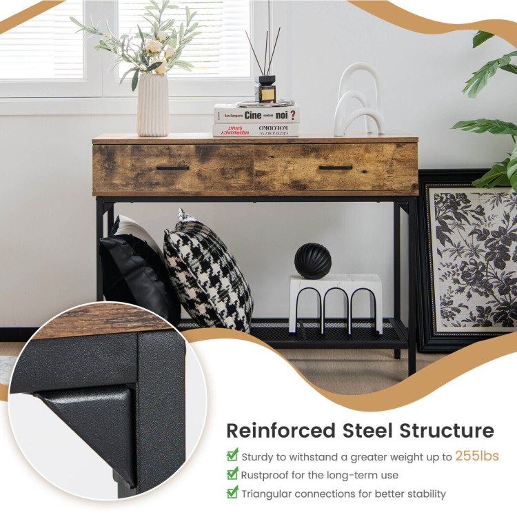 2 Drawers Industrial Console Table with Steel Frame for Small Space-Rustic BrownCostway Gallery View 5 of 10