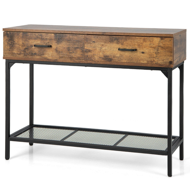 2 Drawers Industrial Console Table with Steel Frame for Small Space-Rustic BrownCostway Gallery View 1 of 10