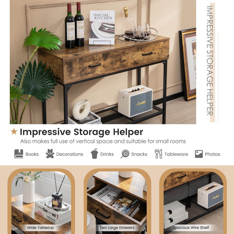 2 Drawers Industrial Console Table with Steel Frame for Small Space-Rustic BrownCostway Gallery View 3 of 10