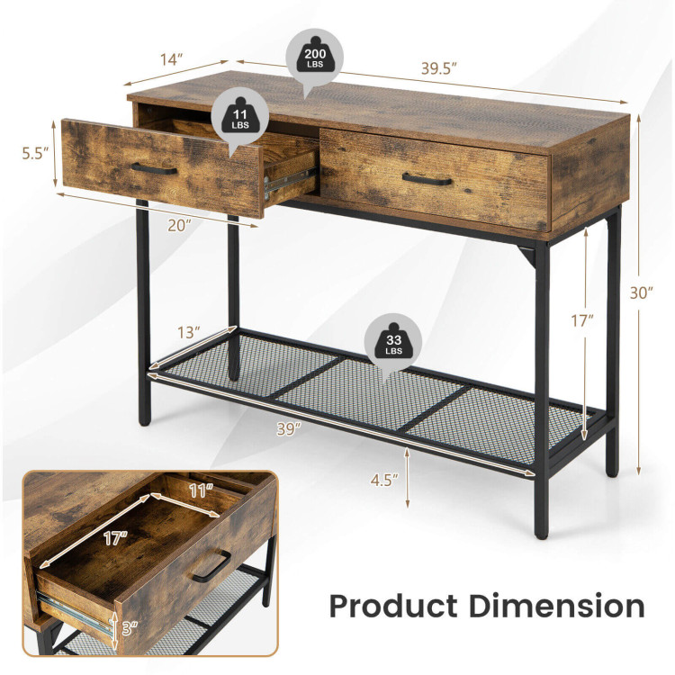 2 Drawers Industrial Console Table with Steel Frame for Small Space-Rustic BrownCostway Gallery View 4 of 10