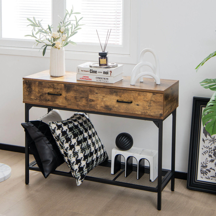 2 Drawers Industrial Console Table with Steel Frame for Small Space-Rustic BrownCostway Gallery View 7 of 10