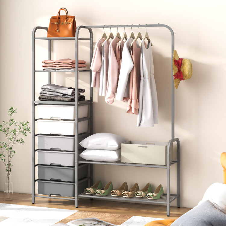 Free Standing Closet Organizer with Storage Box & Side Hook, Portable  Garment Rack with 6 Heavy Duty Shelves and Hanging Rod, Black Metal Frame