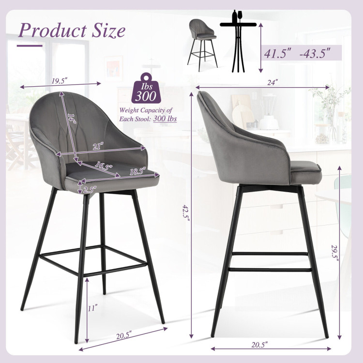 2 Pieces 29.5 Inch Pub Height Swivel Velvet Bar Stools with Metal Legs-GrayCostway Gallery View 4 of 10