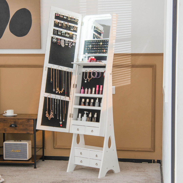 Freestanding Full Length LED Mirrored Jewelry Armoire with 6 Drawers-WhiteCostway Gallery View 7 of 11