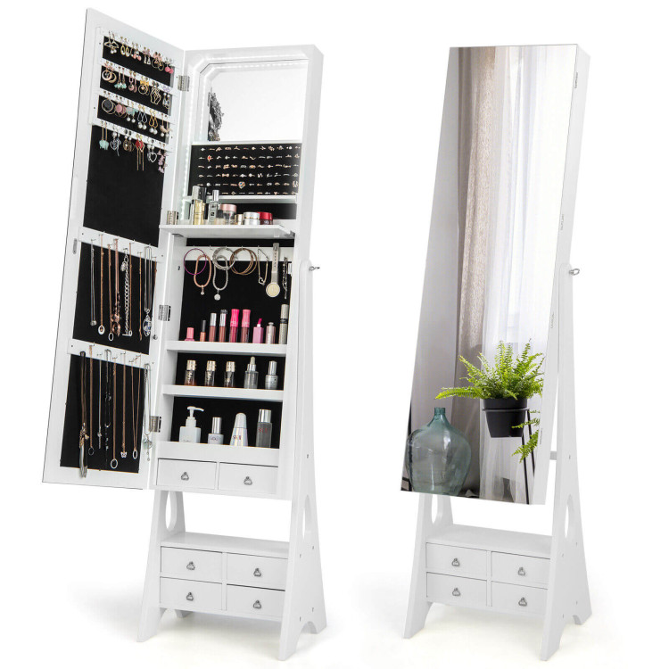 Freestanding Full Length LED Mirrored Jewelry Armoire with 6 Drawers-WhiteCostway Gallery View 8 of 11