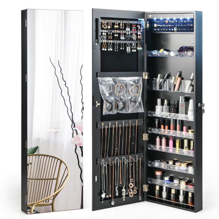 Wall Door Mounted Jewelry Armoire with Frameless LED Mirror-BlackCostway Gallery View 8 of 12