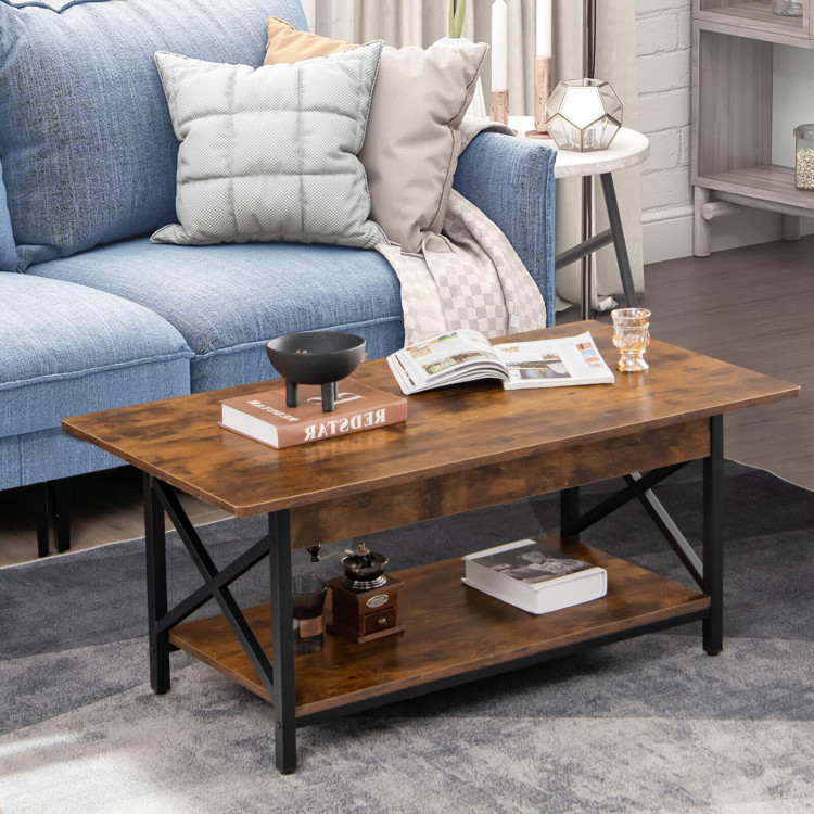 2-Tier Industrial Rectangular Coffee Table with Storage Shelf-Rustic BrownCostway Gallery View 6 of 11