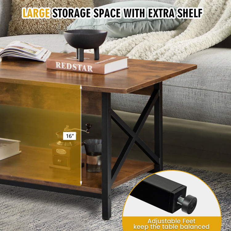 2-Tier Industrial Rectangular Coffee Table with Storage Shelf-Rustic BrownCostway Gallery View 9 of 11