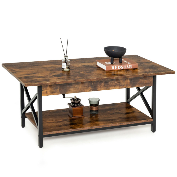 2-Tier Industrial Rectangular Coffee Table with Storage Shelf-Rustic BrownCostway Gallery View 3 of 11