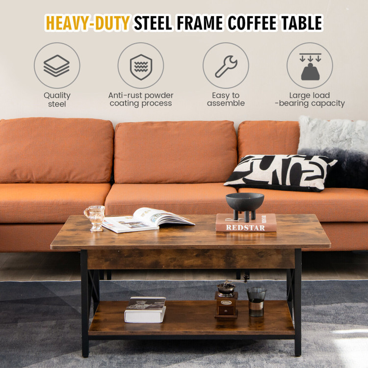 2-Tier Industrial Rectangular Coffee Table with Storage Shelf-Rustic BrownCostway Gallery View 2 of 11