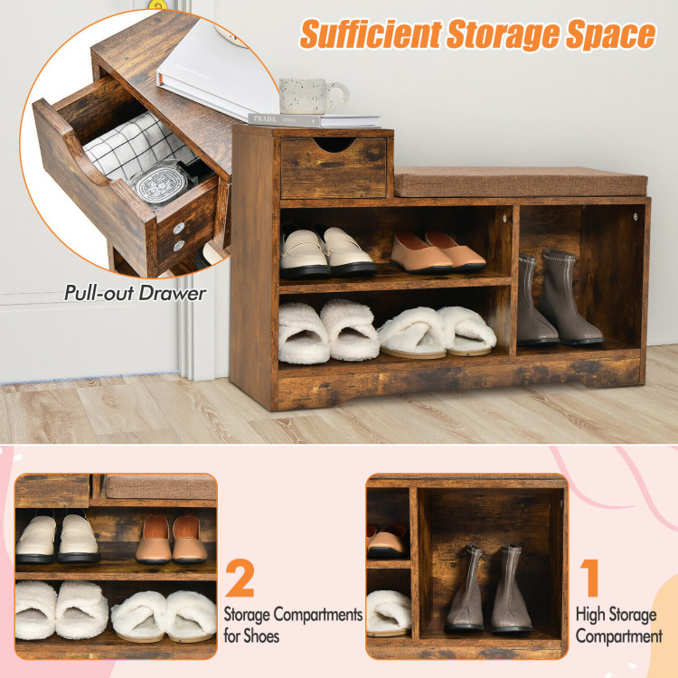 3 Tier Shoe Bench Wooden Shoe Rack Storage Cabinet Entryway Organizer w/  Cushion