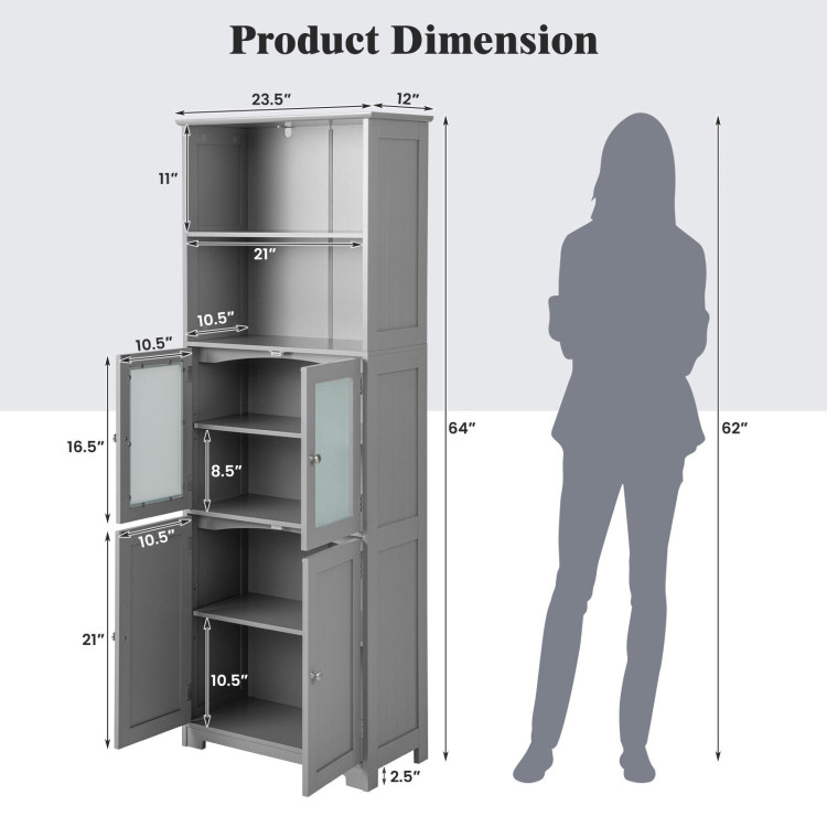 6-Tier Freestanding Bathroom Cabinet with 2 Open Compartments and Adjustable Shelves-GrayCostway Gallery View 4 of 10