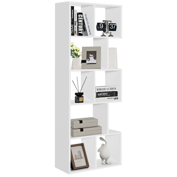 5 Tiers 63 Inch Tall Geometric Wooden Bookshelf with 8 Display Shelves-WhiteCostway Gallery View 9 of 11