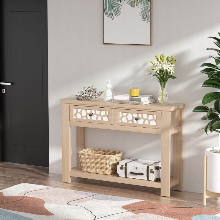 2-Tier Console Table with Drawers and Open Storage Shelf-NaturalCostway Gallery View 7 of 11