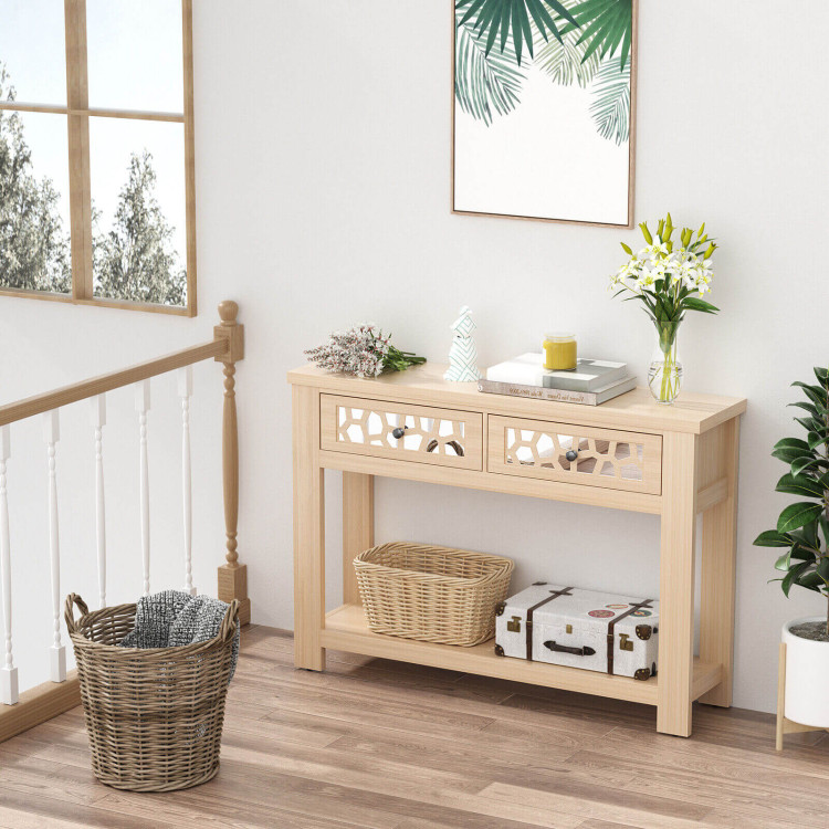 2-Tier Console Table with Drawers and Open Storage Shelf-NaturalCostway Gallery View 2 of 11