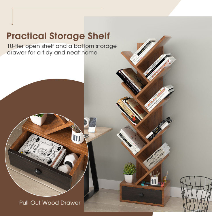5-Tier Tree Bookshelf with Wooden Drawer Display Storage Organizer Rack  Brown