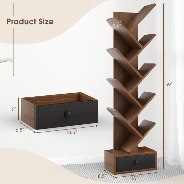 Gymax 5-Tier Tree Bookshelf with Wooden Drawer Display Storage