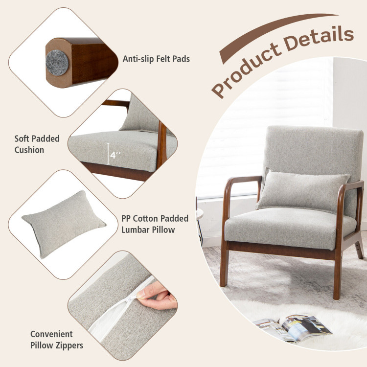 Modern Accent Chair with Rubber Wood Frame and Lumbar Pillow - Costway