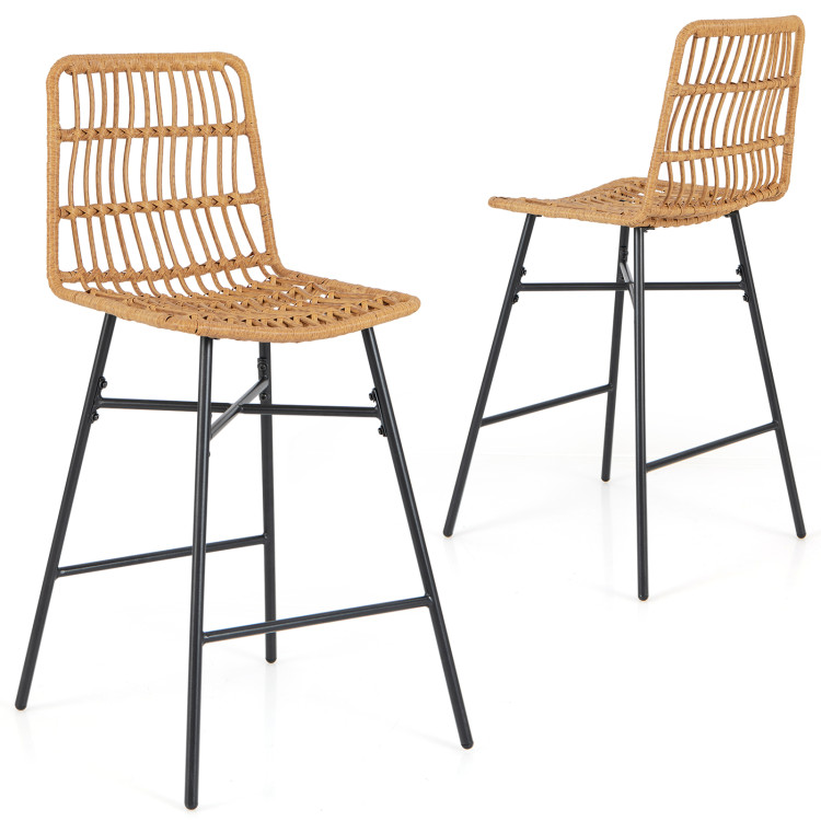 Set of 2 Rattan Bar Stools with Sturdy Metal Frame - Gallery View 1 of 9