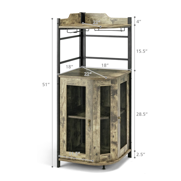 Industrial Corner Bar Cabinet with Glass Holder and Adjustable