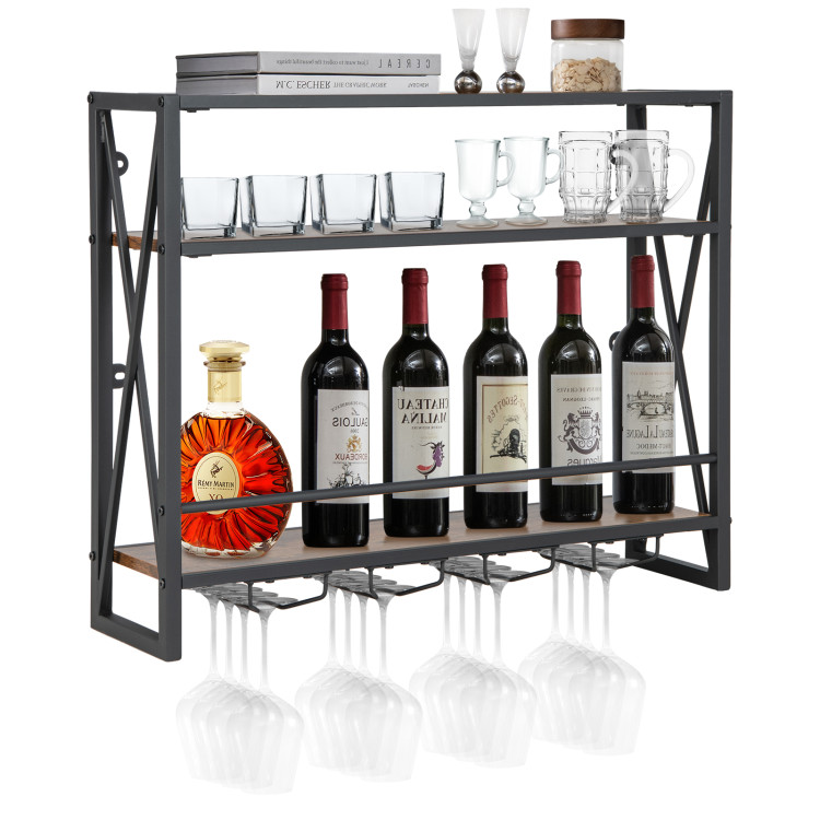 3-Tiers Industrial Wall Mounted Wine Rack with Glass Holder and
