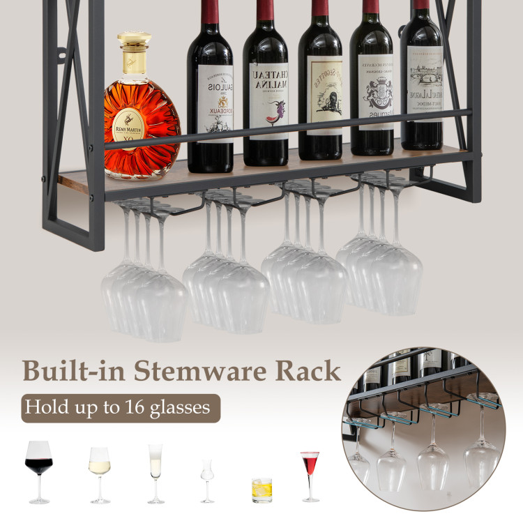 3-Tiers Industrial Wall Mounted Wine Rack with Glass Holder and