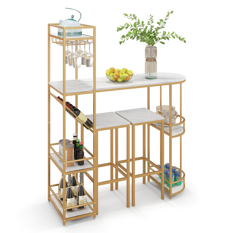 3 Pieces Bar Table Set with Storage Shelves and Wine Rack - Costway