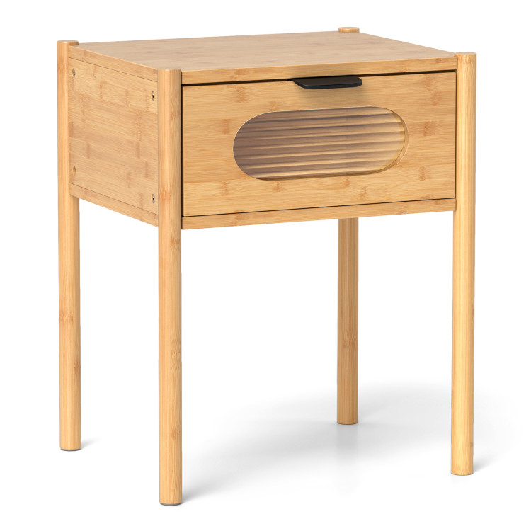 Bamboo Nightstand Square Tall End Table with Decorated Drawer - Gallery View 1 of 10