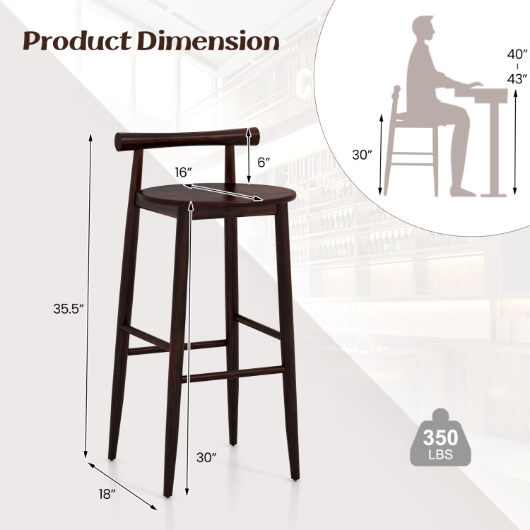 Wooden Bar Chair Set of 2 with Backrest and Footrest for Home Restaurant Cafe - Gallery View 4 of 9