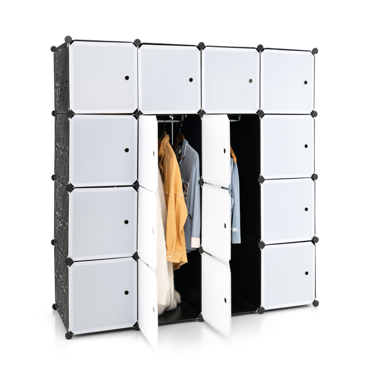 16-Cube Storage Organizer with 16 Doors and 2 Hanging Rods-Black | Costway