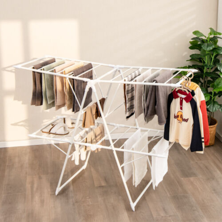 2-Level Foldable Clothes Drying Rack with Height-Adjustable Gullwings -  Costway