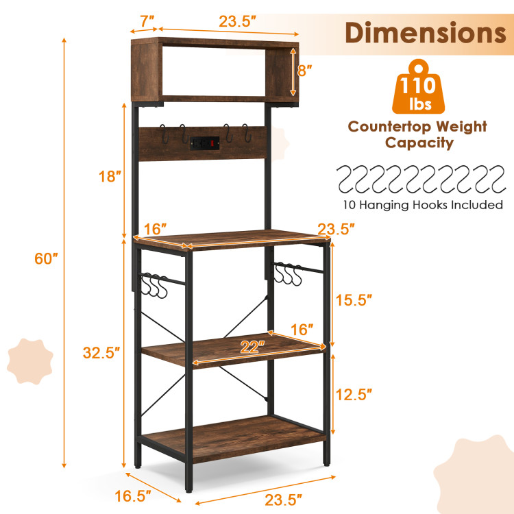60 Inch Tall Microwave Stand with Open Shelves and 10 Hanging Hooks -  Costway