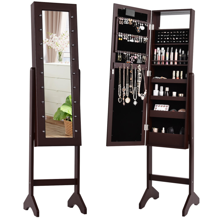 Mirrored Jewelry Cabinet Armoire Organizer w/ LED lights-BrownCostway Gallery View 3 of 10