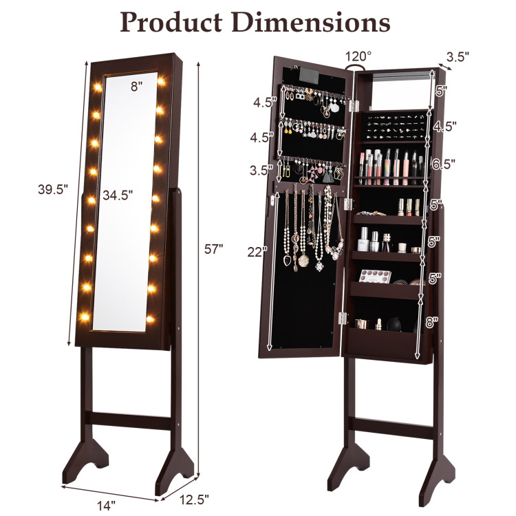 Mirrored Jewelry Cabinet Armoire Organizer w/ LED lights-BrownCostway Gallery View 4 of 10