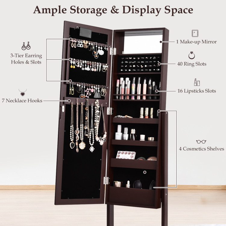 Mirrored Jewelry Cabinet Armoire Organizer w/ LED lights-BrownCostway Gallery View 9 of 10