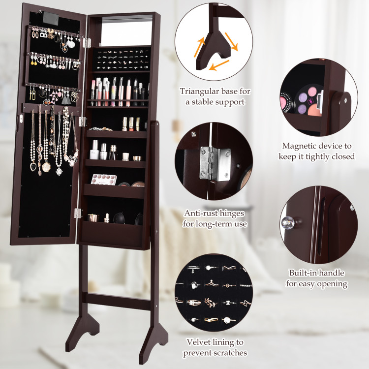 Mirrored Jewelry Cabinet Armoire Organizer w/ LED lights-BrownCostway Gallery View 10 of 10