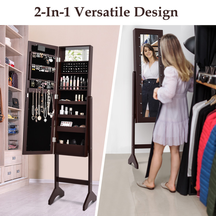 Mirrored Jewelry Cabinet Armoire Organizer w/ LED lights-BrownCostway Gallery View 2 of 10