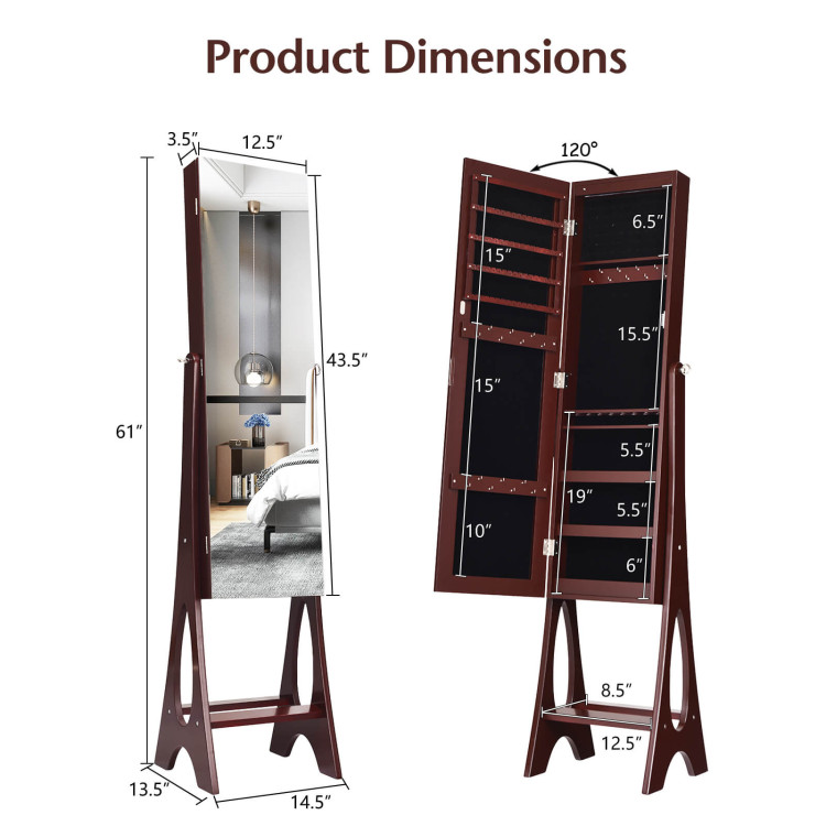 LED Jewelry Cabinet Armoire Organizer with Bevel Edge Mirror-BrownCostway Gallery View 4 of 10