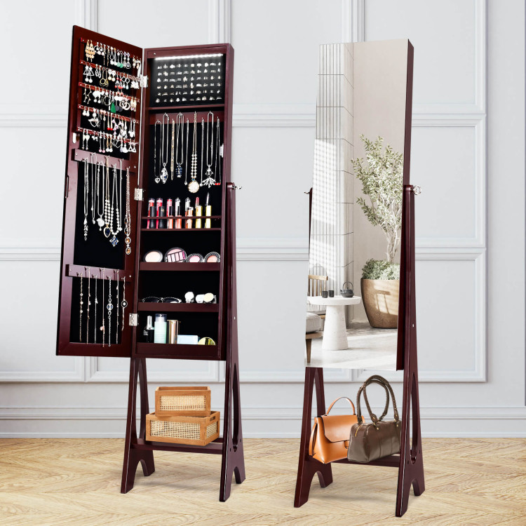 LED Jewelry Cabinet Armoire Organizer with Bevel Edge Mirror-BrownCostway Gallery View 6 of 10