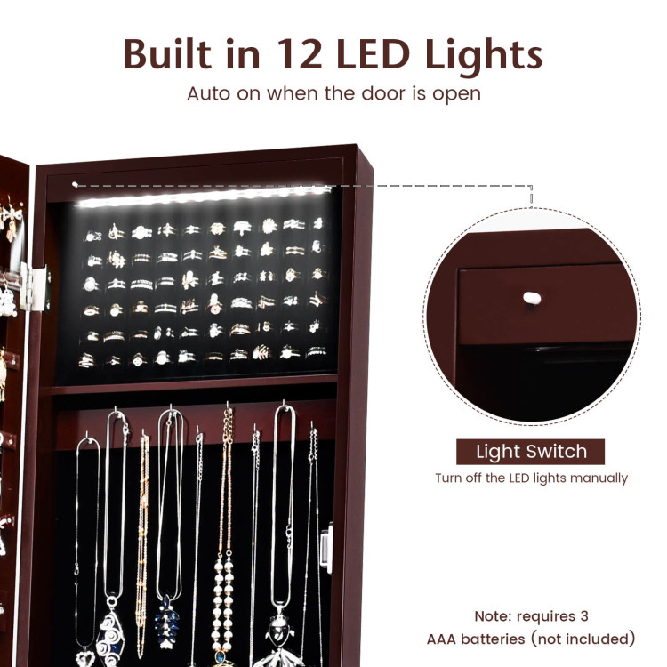 LED Jewelry Cabinet Armoire Organizer with Bevel Edge Mirror-BrownCostway Gallery View 10 of 10