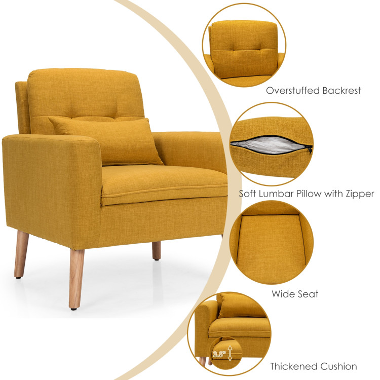 Linen Fabric Single Sofa Armchair with Waist Pillow for Living Room-YellowCostway Gallery View 5 of 16