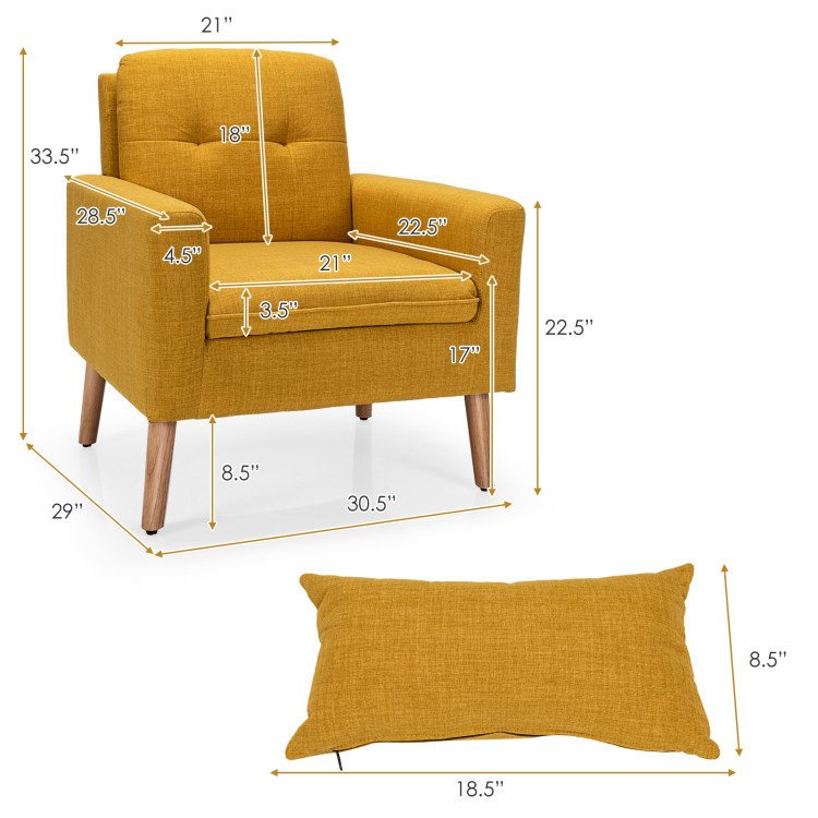 Linen Fabric Single Sofa Armchair with Waist Pillow for Living Room-YellowCostway Gallery View 4 of 16
