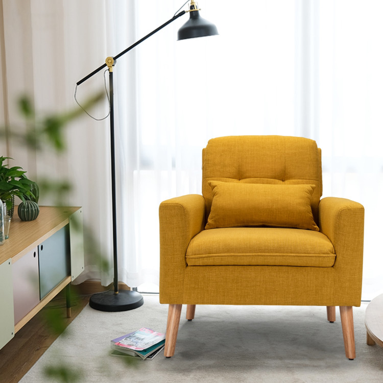 Linen Fabric Single Sofa Armchair with Waist Pillow for Living Room-YellowCostway Gallery View 6 of 16