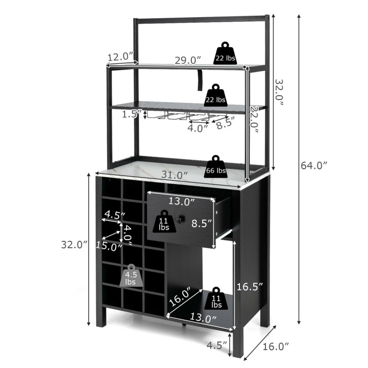 Kitchen Bakers Rack Freestanding Wine Rack Table with Glass Holder and Drawer-BlackCostway Gallery View 4 of 9