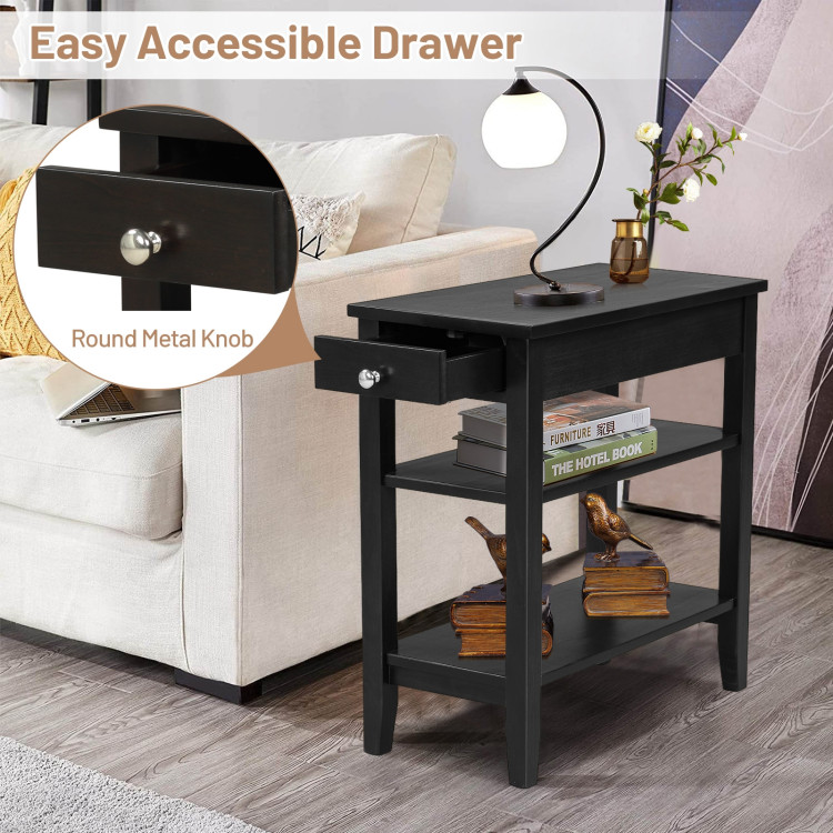 Side End Table with Drawer and 2-Tier Open Storage Shelves for Space Saving-BlackCostway Gallery View 8 of 12