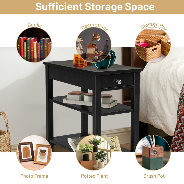 Side End Table with Drawer and 2-Tier Open Storage Shelves for Space Saving-BlackCostway Gallery View 10 of 12