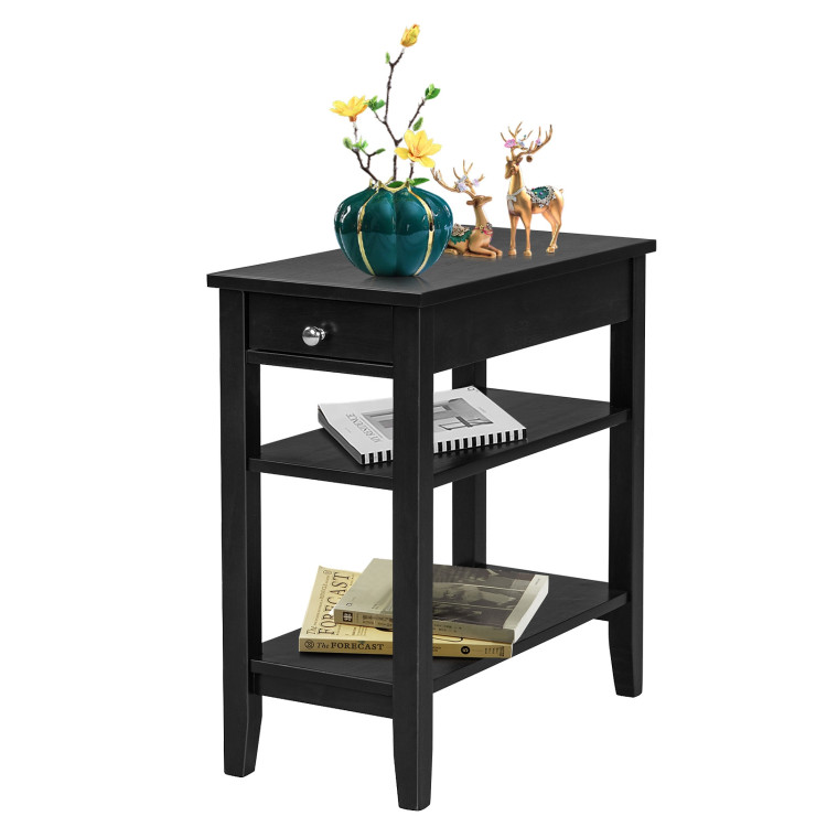 Side End Table with Drawer and 2-Tier Open Storage Shelves for Space Saving-BlackCostway Gallery View 3 of 12