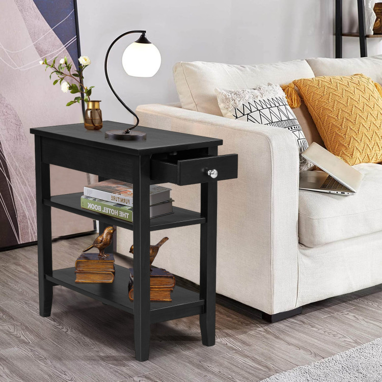 Side End Table with Drawer and 2-Tier Open Storage Shelves for Space Saving-BlackCostway Gallery View 7 of 12