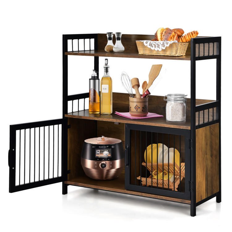 2-Tier Baker's Rack Industrial Kitchen Microwave Oven Stand with Storage Cabinet-Rustic BrownCostway Gallery View 8 of 11